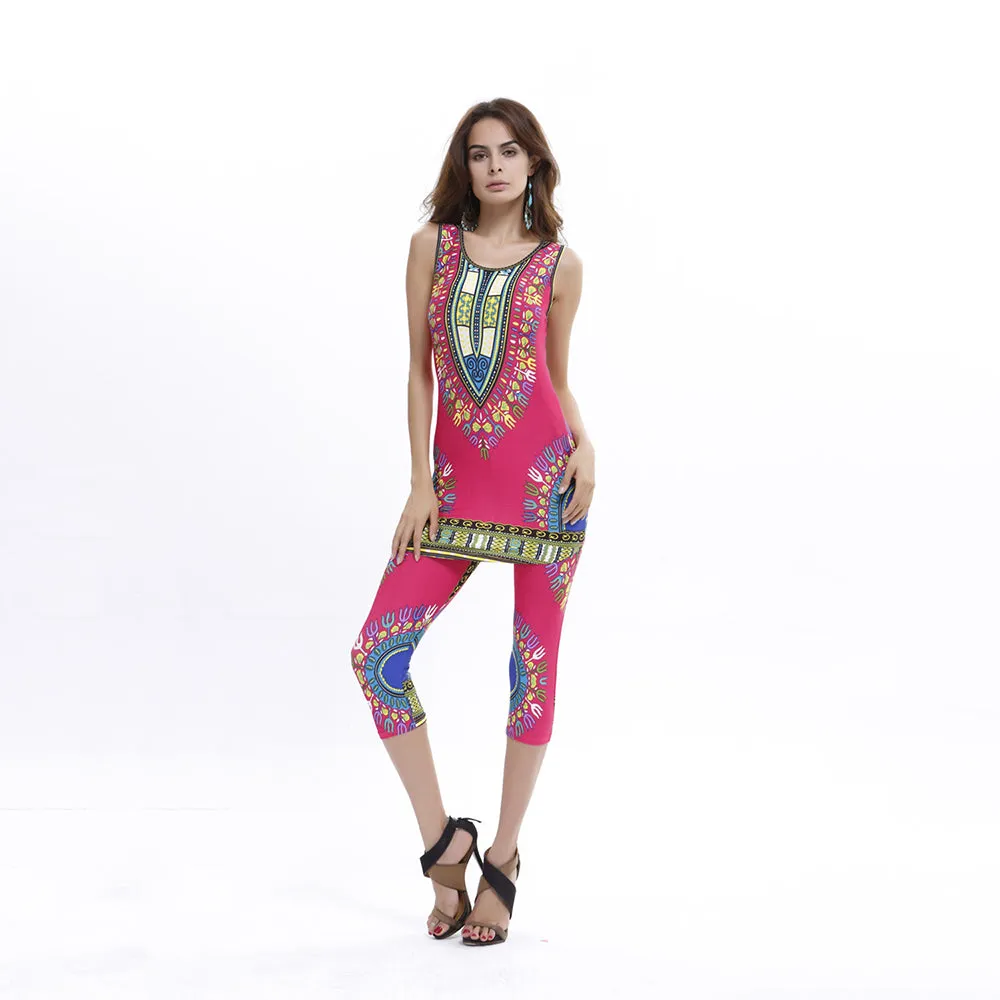 Fashionable African Kitenge Dashiki Print Tank Top Shirt With Leggings