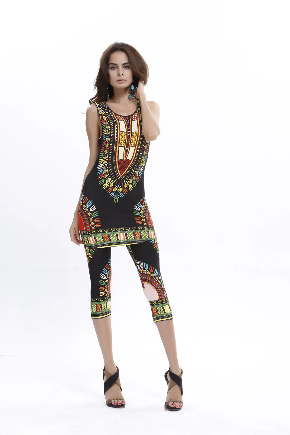 Fashionable African Kitenge Dashiki Print Tank Top Shirt With Leggings