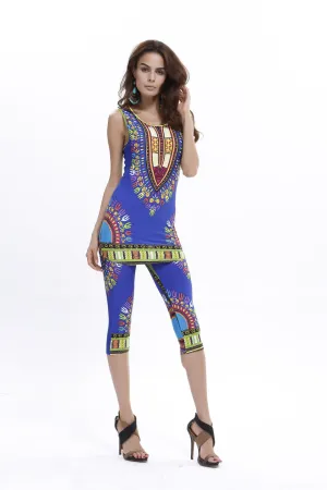 Fashionable African Kitenge Dashiki Print Tank Top Shirt With Leggings