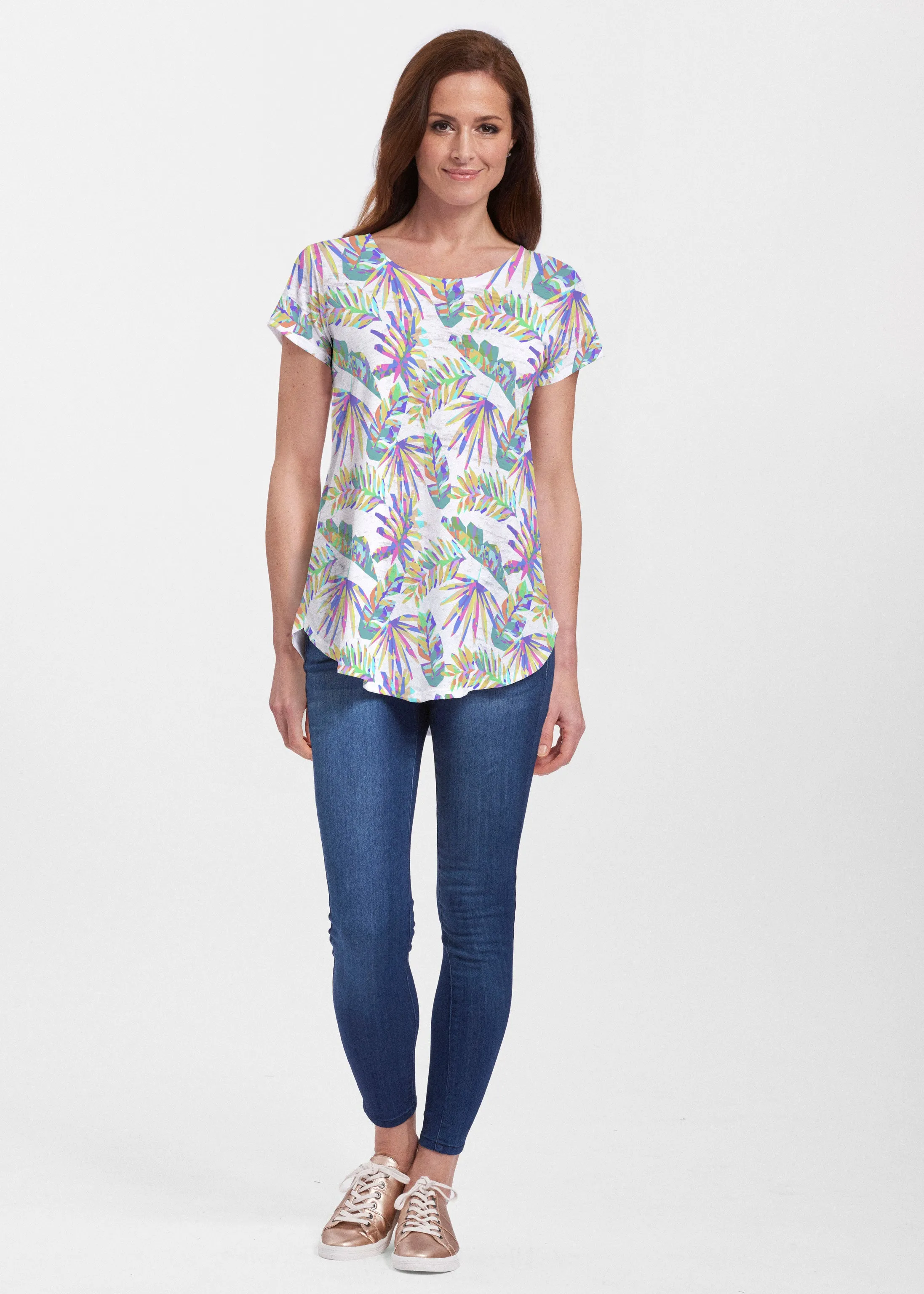 Flat Tropical Multi (7617) ~ Signature Short Sleeve Scoop Neck Flowy Tunic