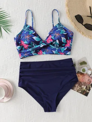Flirty Tropical Print 2-Piece Bikini Set - V Neck, Ruched & High Cut Design - Perfect Womens Swimwear for a Chic Beach Look