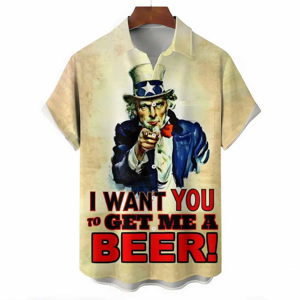 Gimme a Beer Uncle Sam Fun Printed Casual Short Sleeve Shirt 2409009422