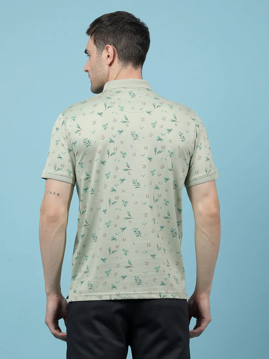 Green Floral Print Polo-Neck T-Shirt