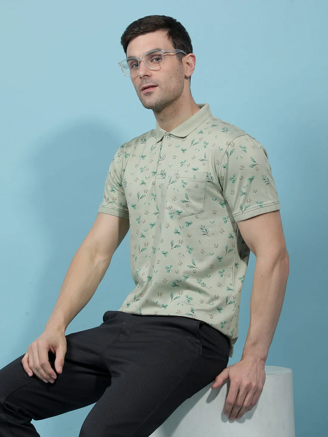 Green Floral Print Polo-Neck T-Shirt