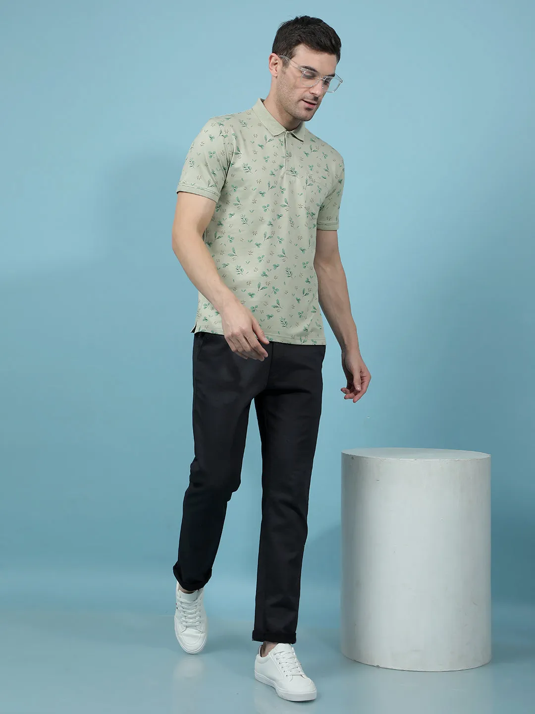 Green Floral Print Polo-Neck T-Shirt