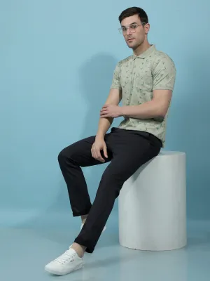 Green Floral Print Polo-Neck T-Shirt