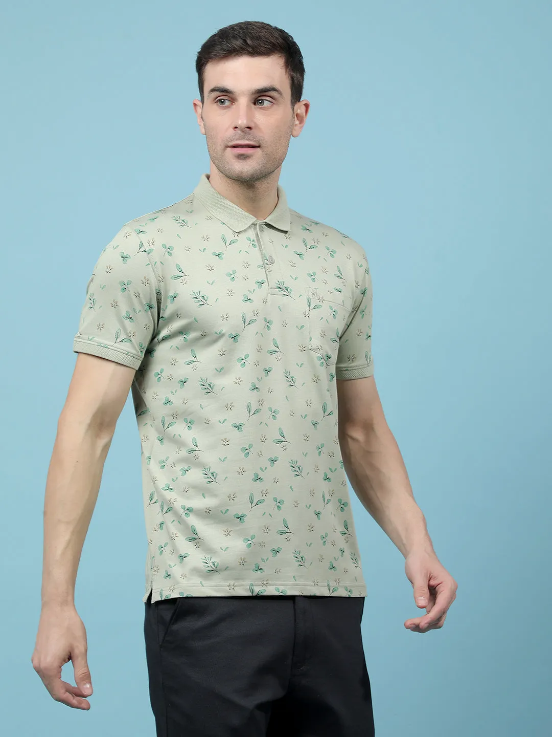 Green Floral Print Polo-Neck T-Shirt