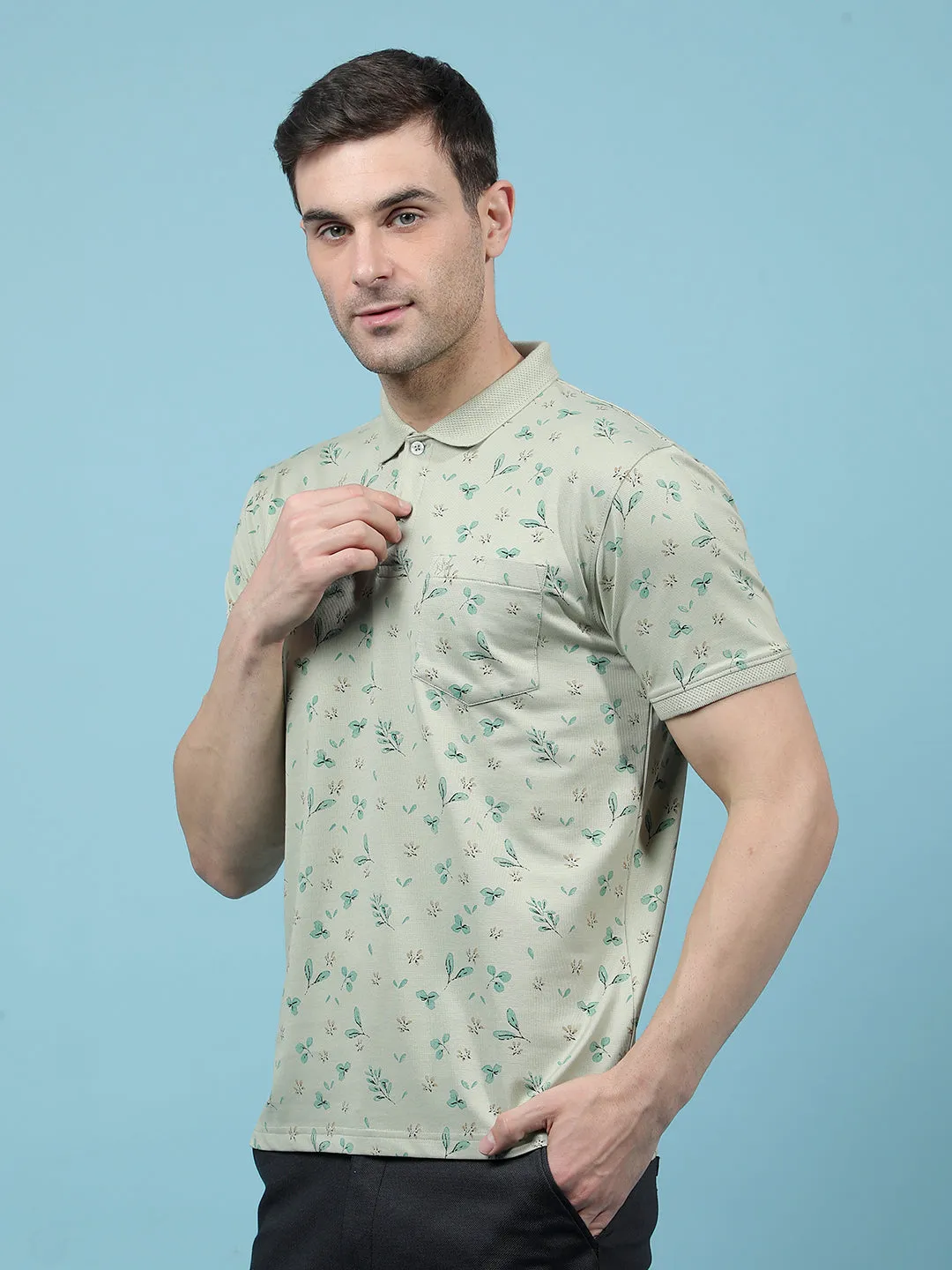 Green Floral Print Polo-Neck T-Shirt