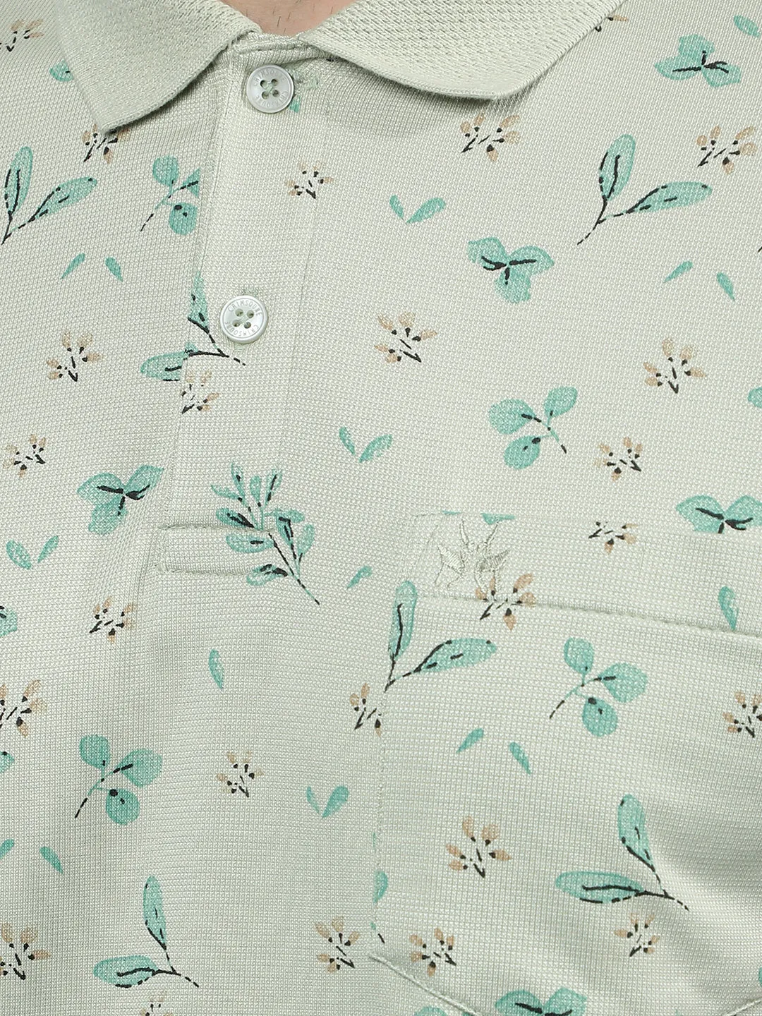 Green Floral Print Polo-Neck T-Shirt