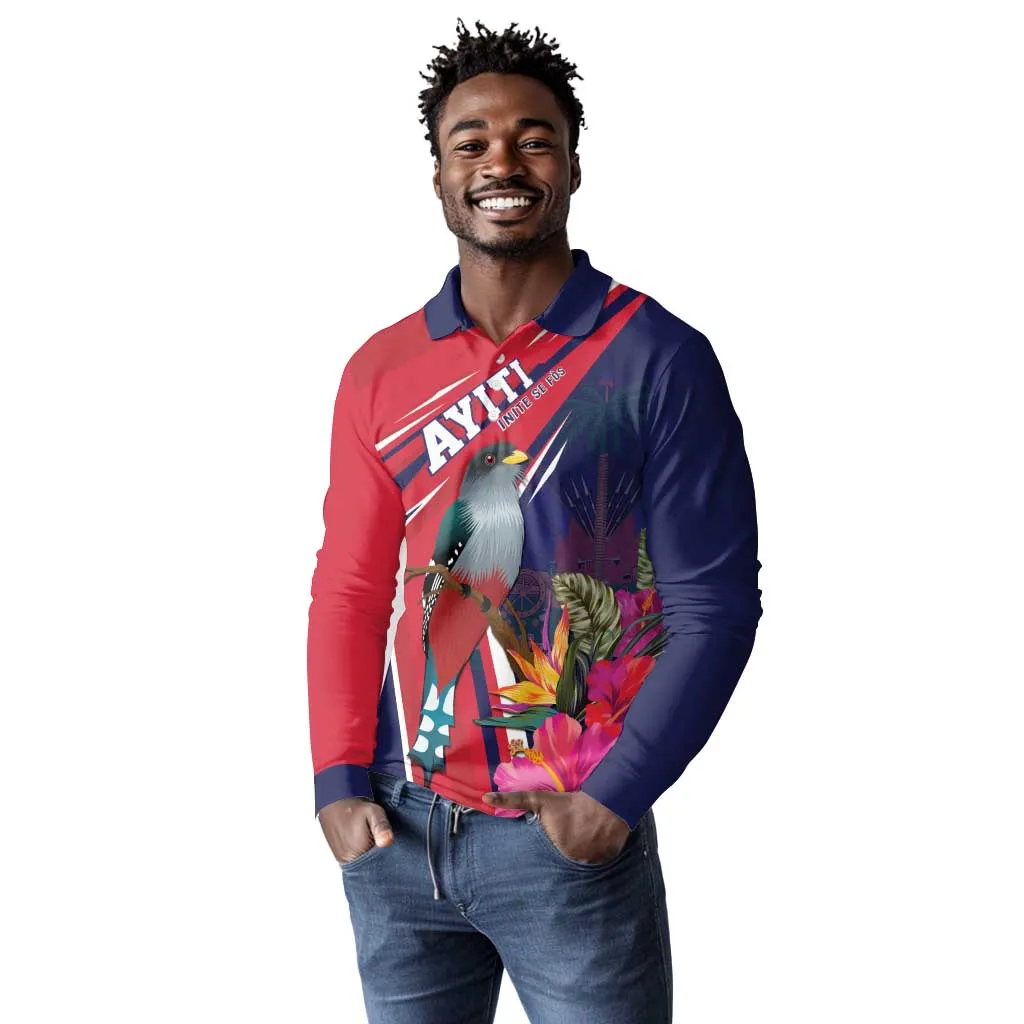 Haiti Personalized Long Sleeve Polo Shirt Hispaniolan Trogon Tropical Vibes LT7