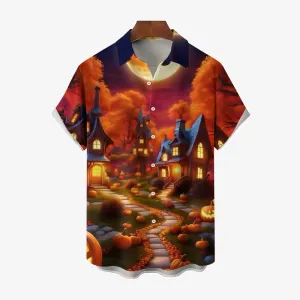 Halloween Pumpkin House Casual Short Sleeve Shirt 2409006103