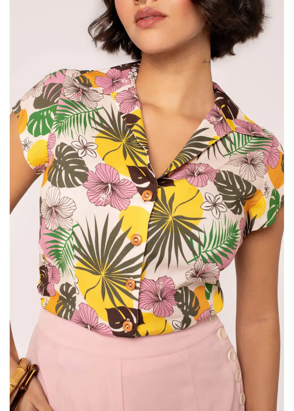 Hell Bunny Benita Tiki 50's Blouse Beige