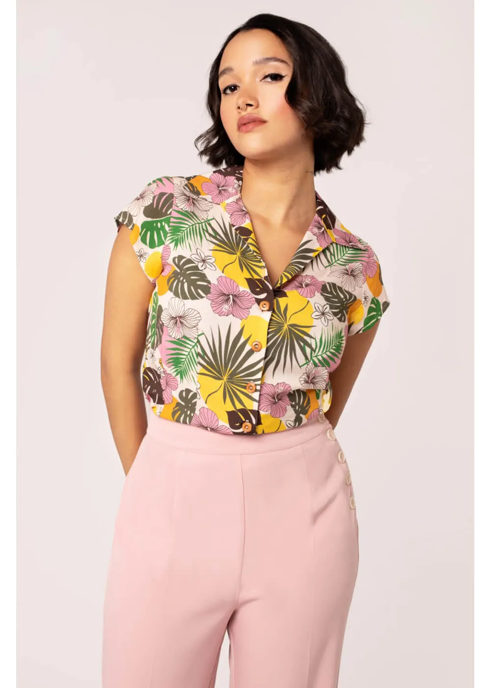 Hell Bunny Benita Tiki 50's Blouse Beige