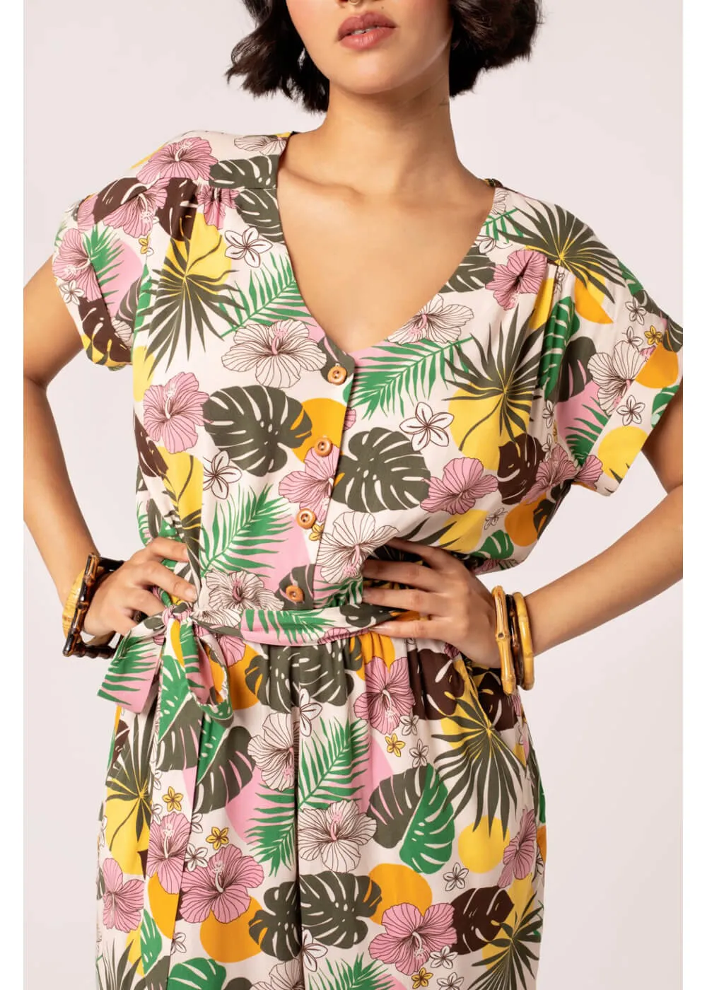 Hell Bunny Benita Tiki 50's Jumpsuit in Beige