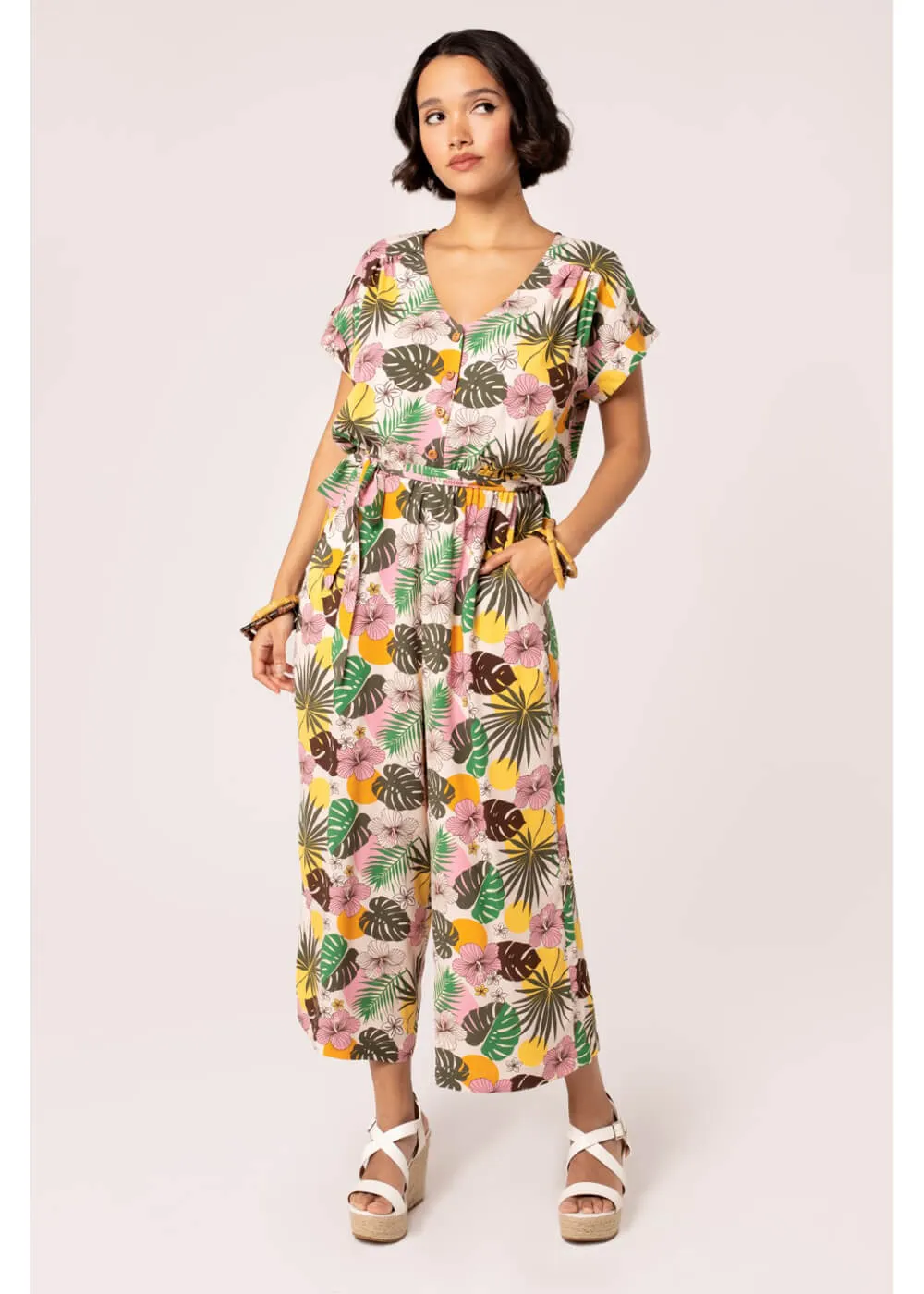 Hell Bunny Benita Tiki 50's Jumpsuit in Beige