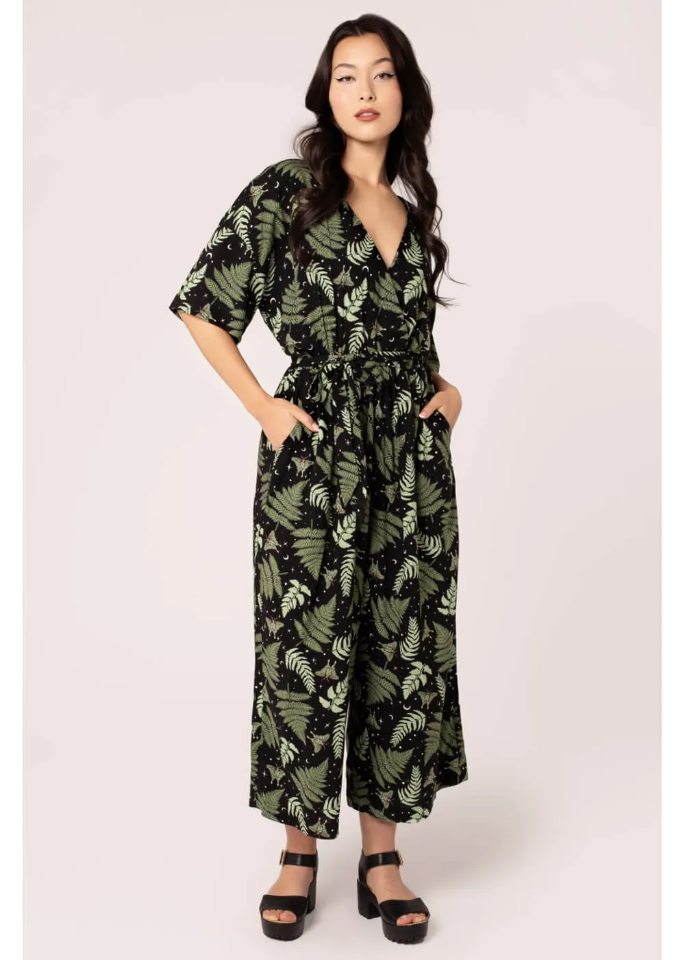 Hell Bunny Gaia Leafes 40's Jumpsuit Black
