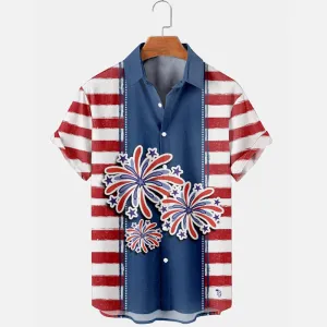 Independence Day Flag And Fireworks Printed Short Sleeve Shirt