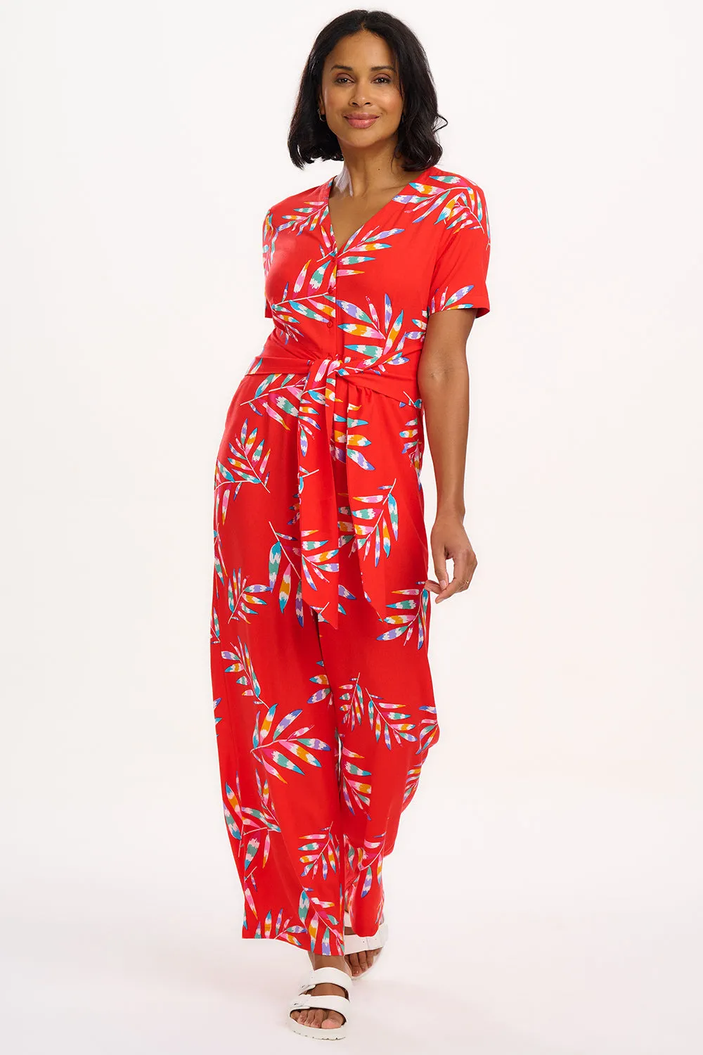 Isadora Jumpsuit - Red, Rainbow Fronds