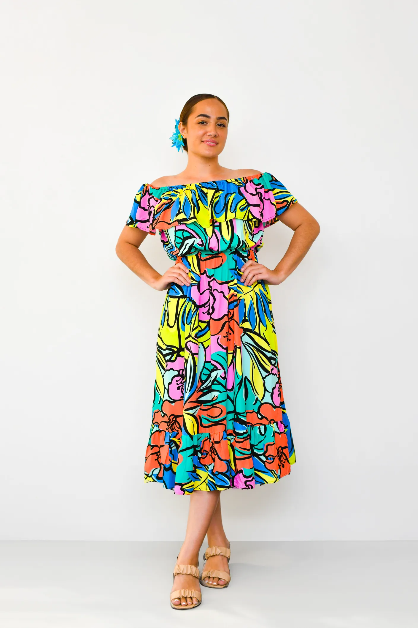 Island Bloom - Off Shoulder Midi Dress