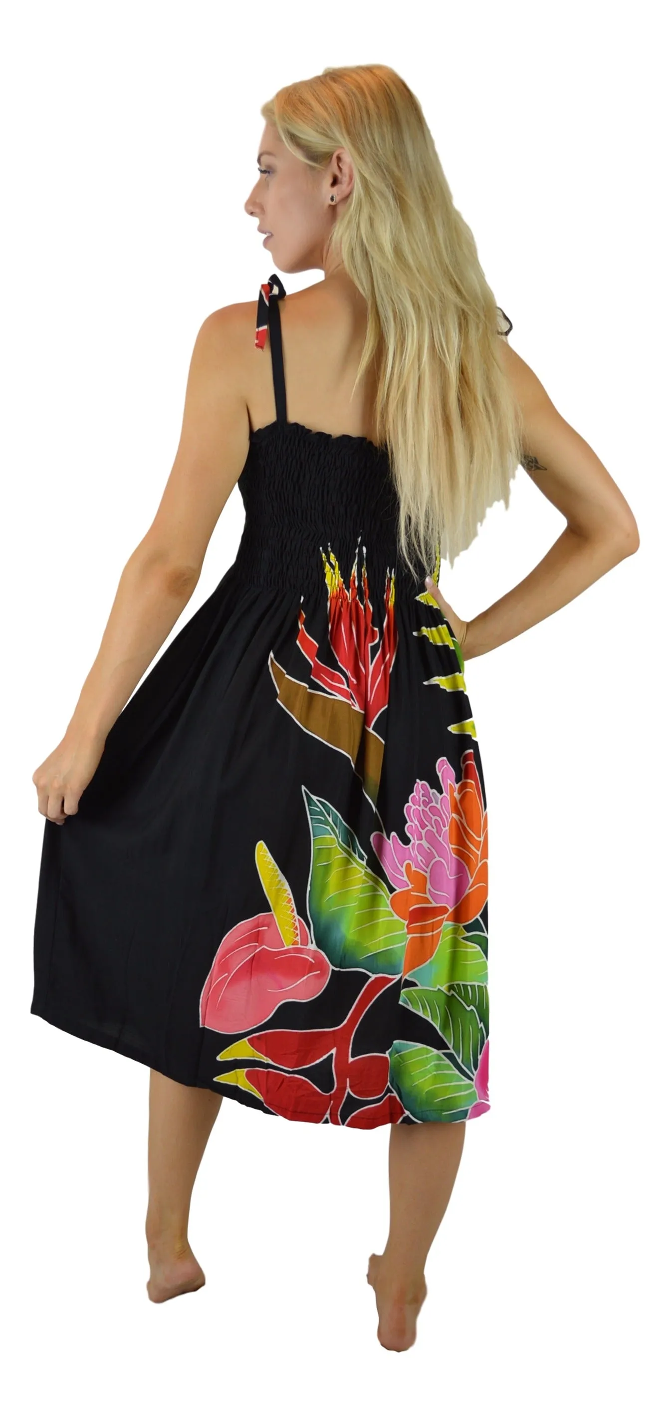 Island Style Batik Dress - Tropical Bouquet Design (Black w/Tropical Bouquet)