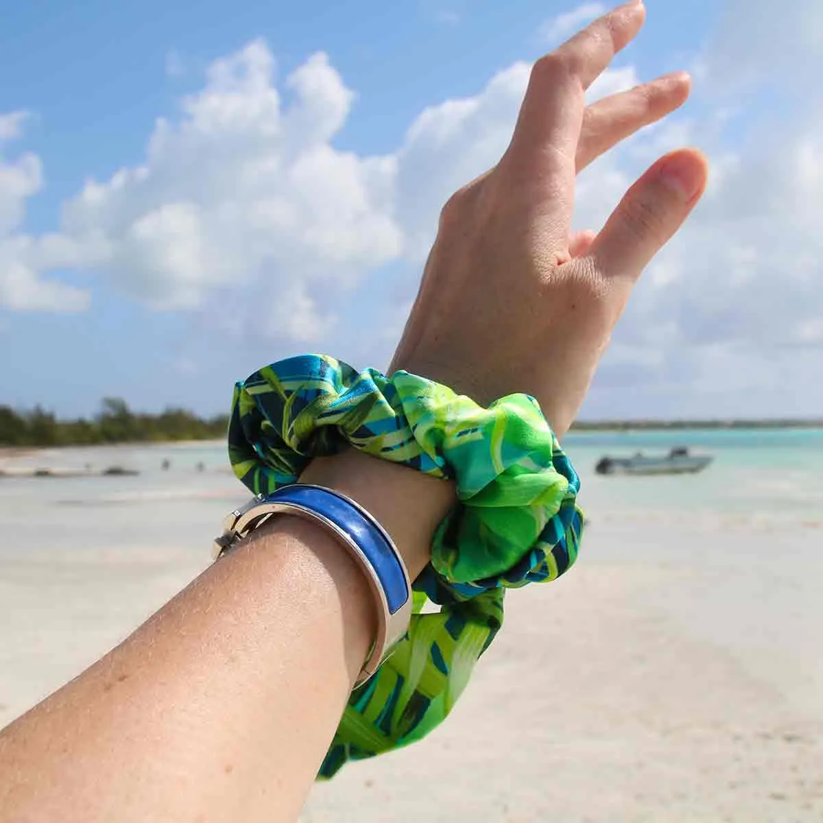Island Tropical Leaves  Italian Silk Charmeuse Hair Scrunchie