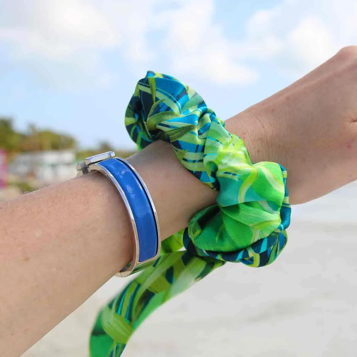Island Tropical Leaves  Italian Silk Charmeuse Hair Scrunchie
