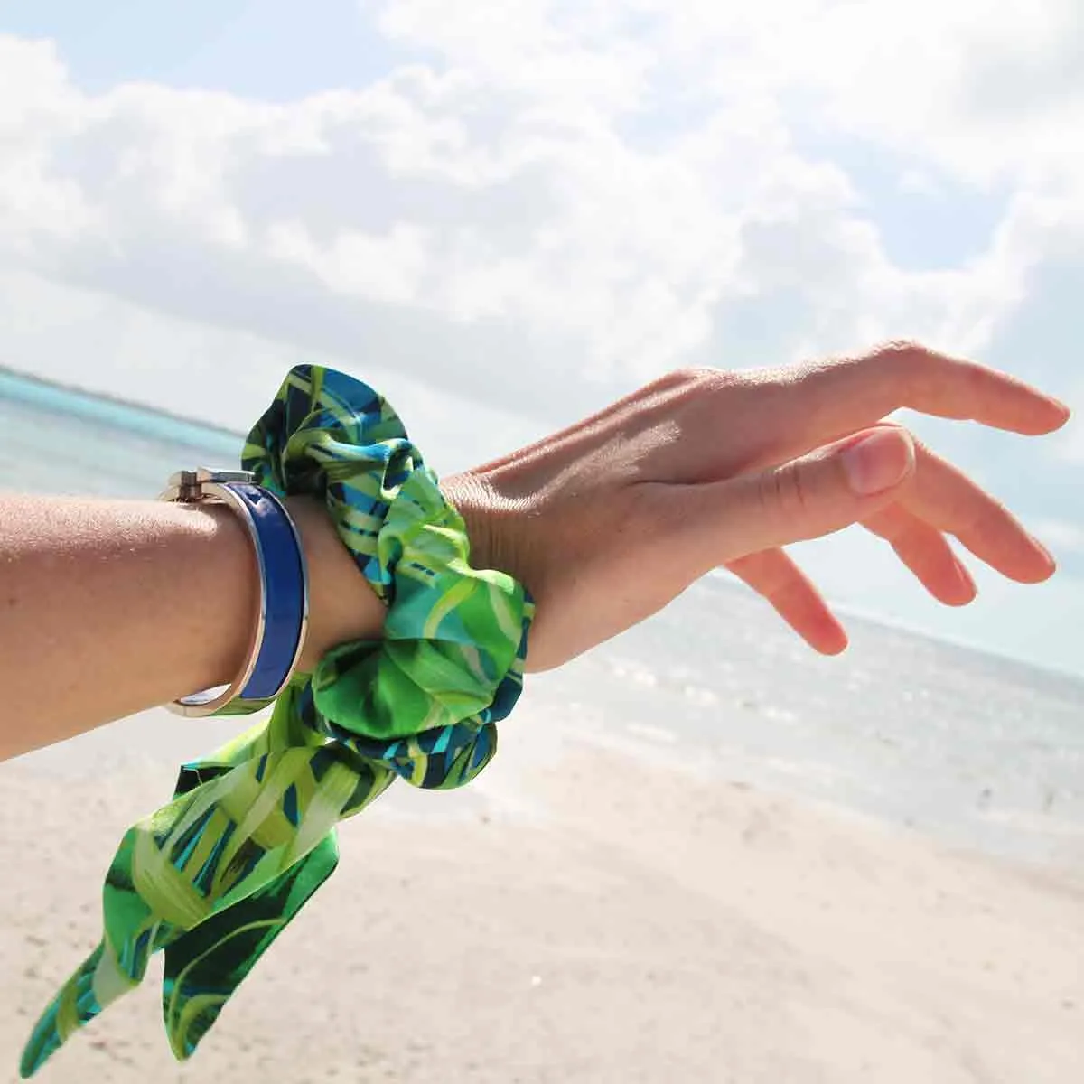 Island Tropical Leaves  Italian Silk Charmeuse Hair Scrunchie