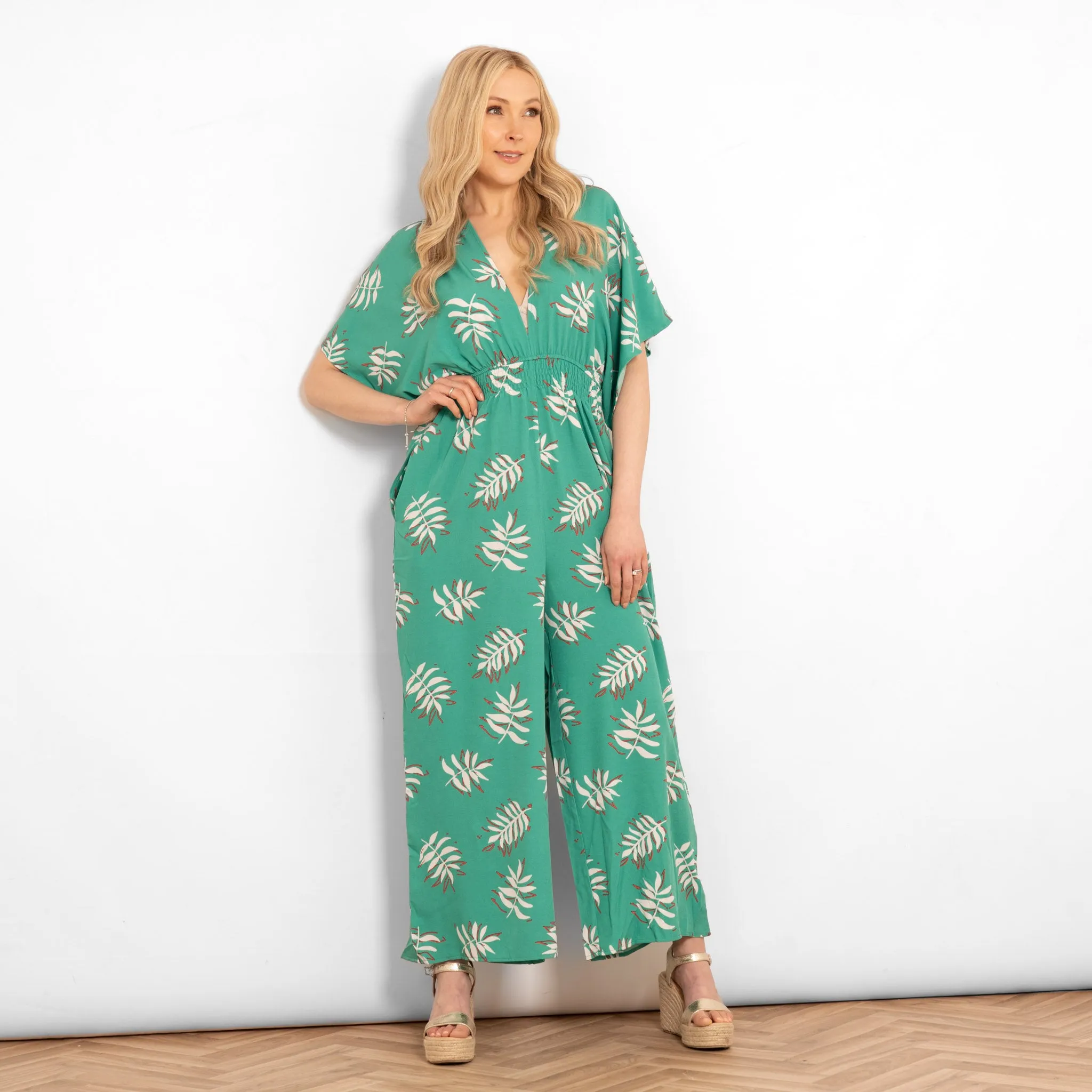 Jilly Deep V Jumpsuit - Green, Palm Leaf