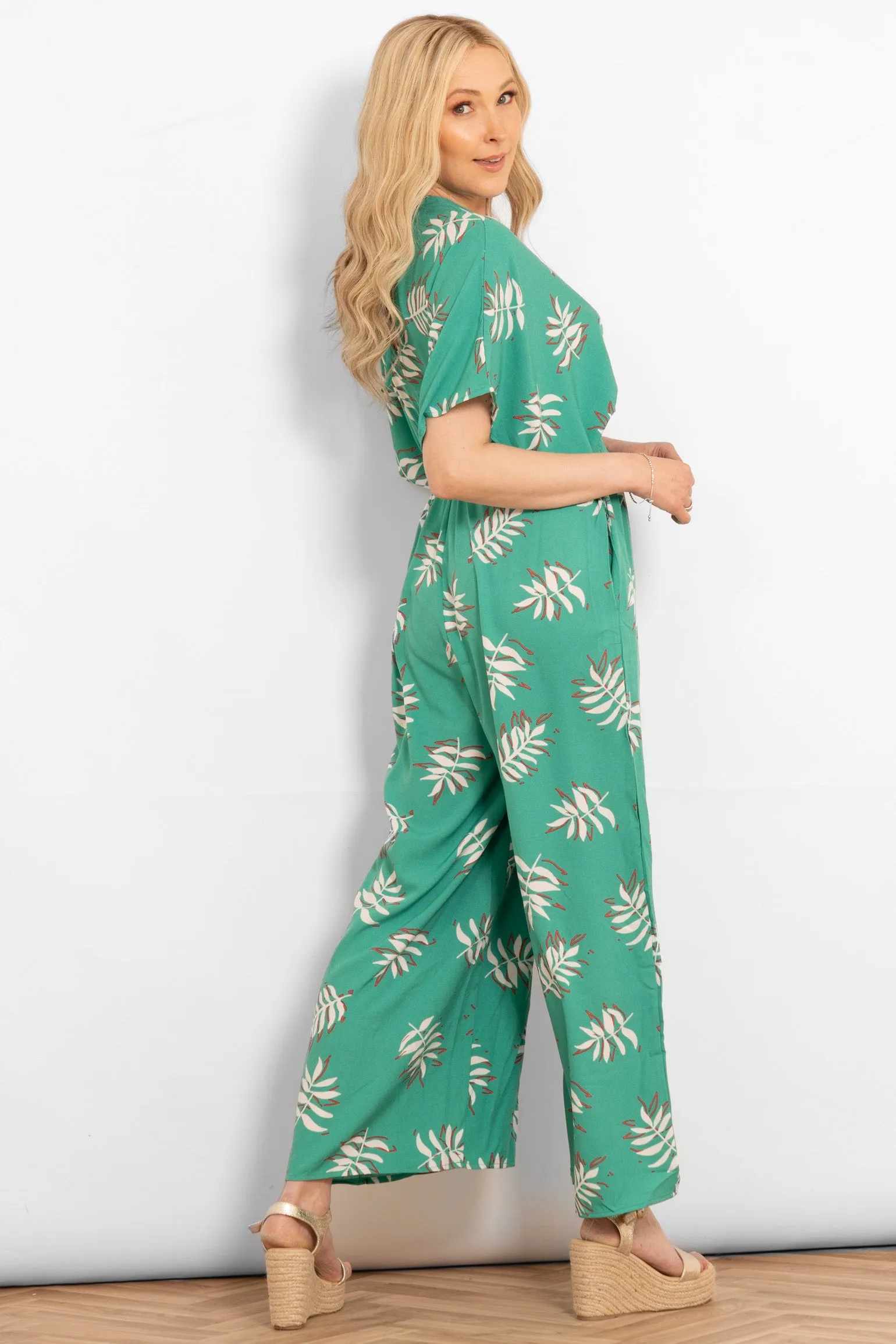 Jilly Deep V Jumpsuit - Green, Palm Leaf