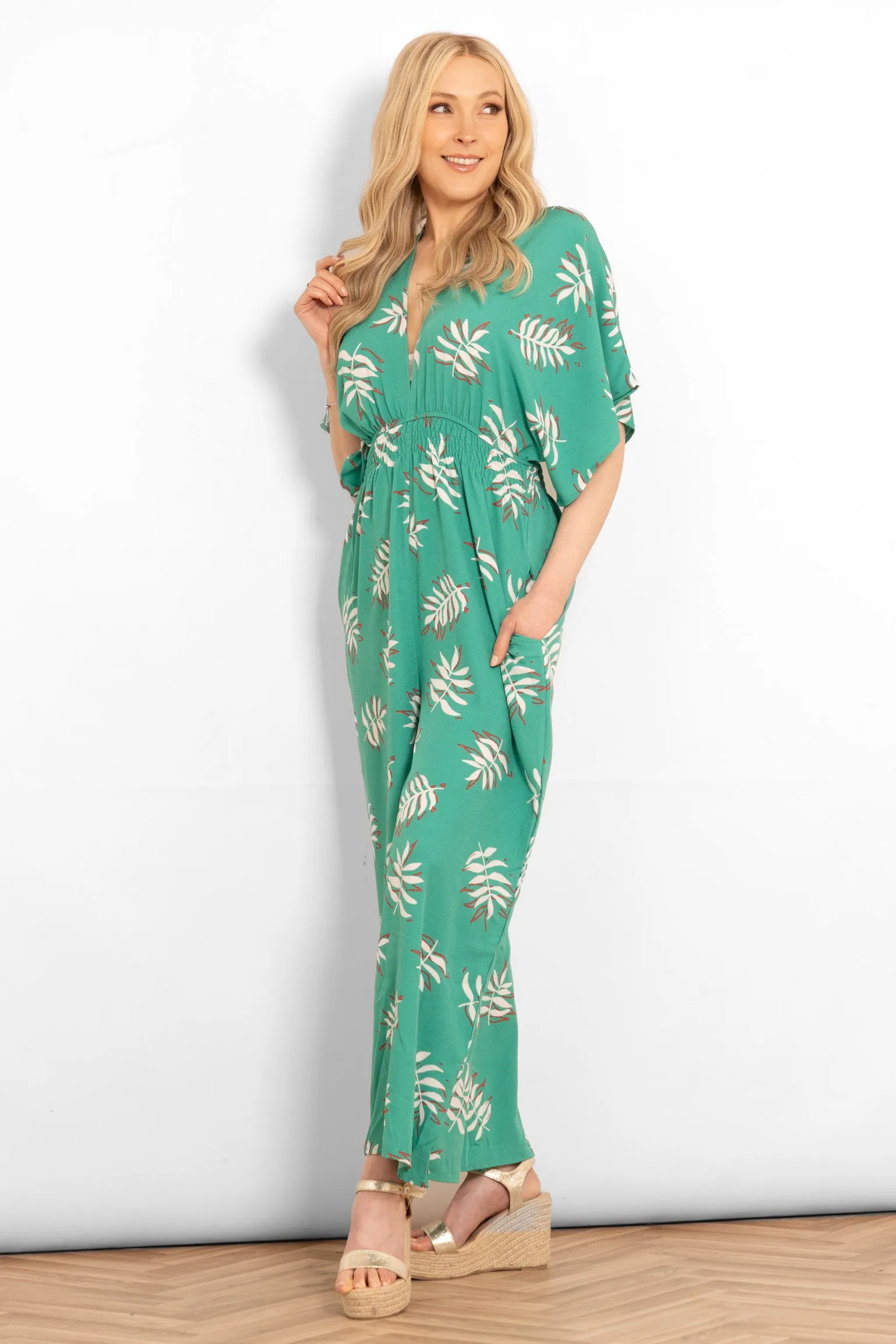 Jilly Deep V Jumpsuit - Green, Palm Leaf