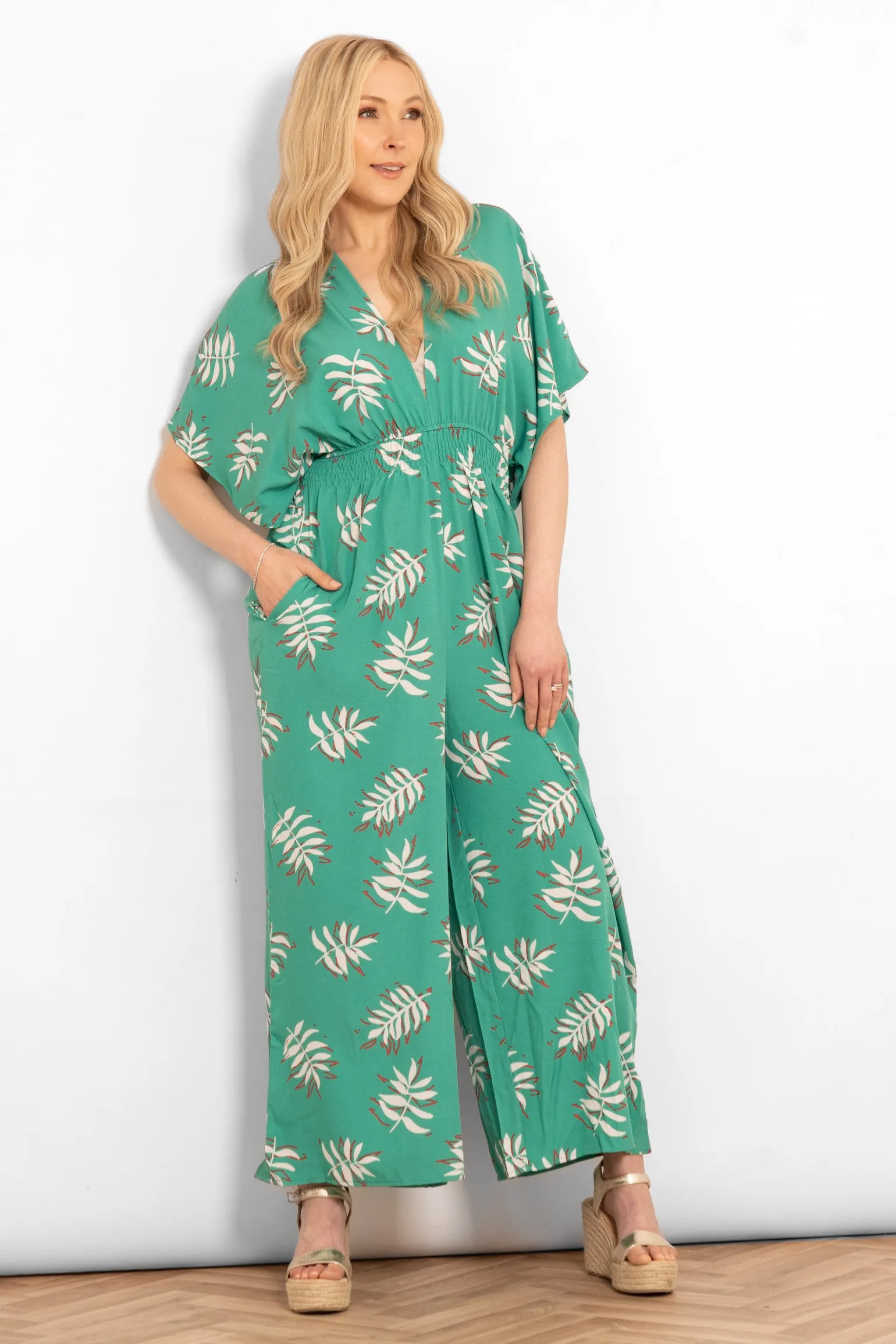 Jilly Deep V Jumpsuit - Green, Palm Leaf