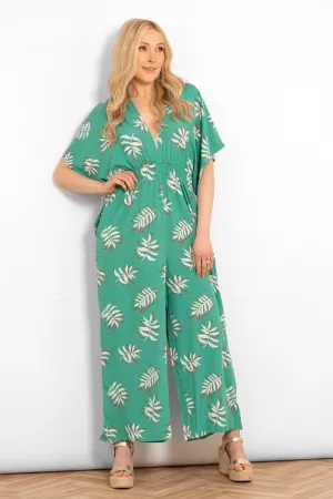 Jilly Deep V Jumpsuit - Green, Palm Leaf