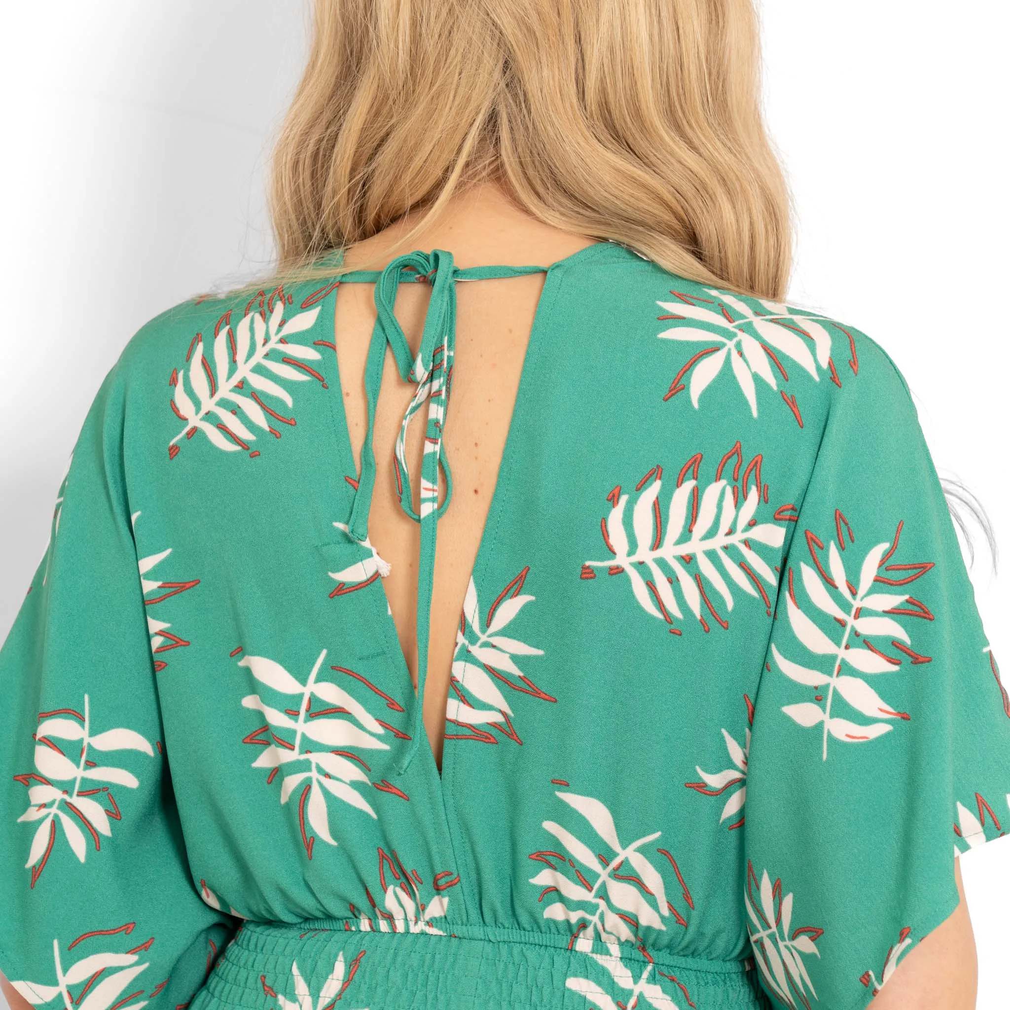 Jilly Deep V Jumpsuit - Green, Palm Leaf
