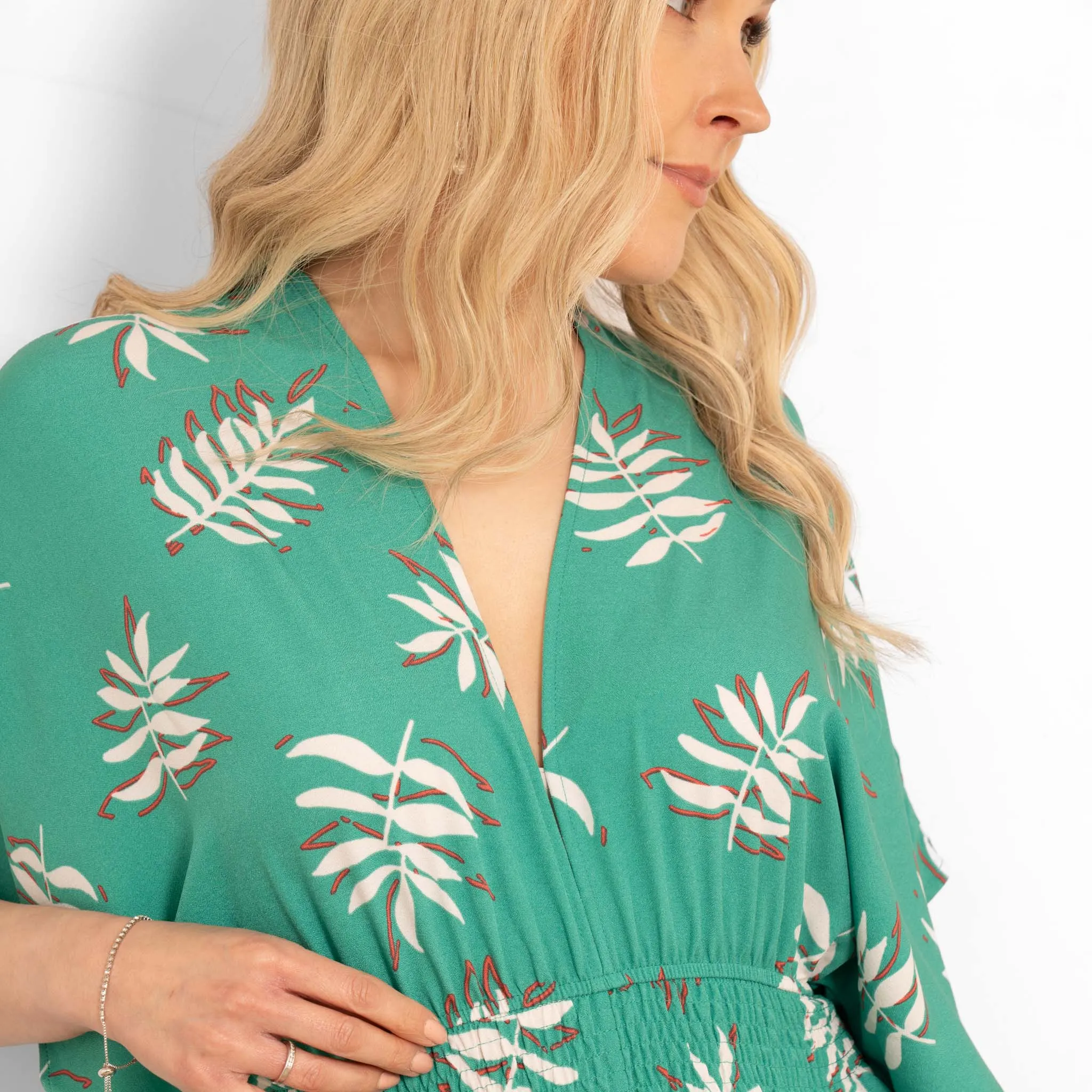 Jilly Deep V Jumpsuit - Green, Palm Leaf