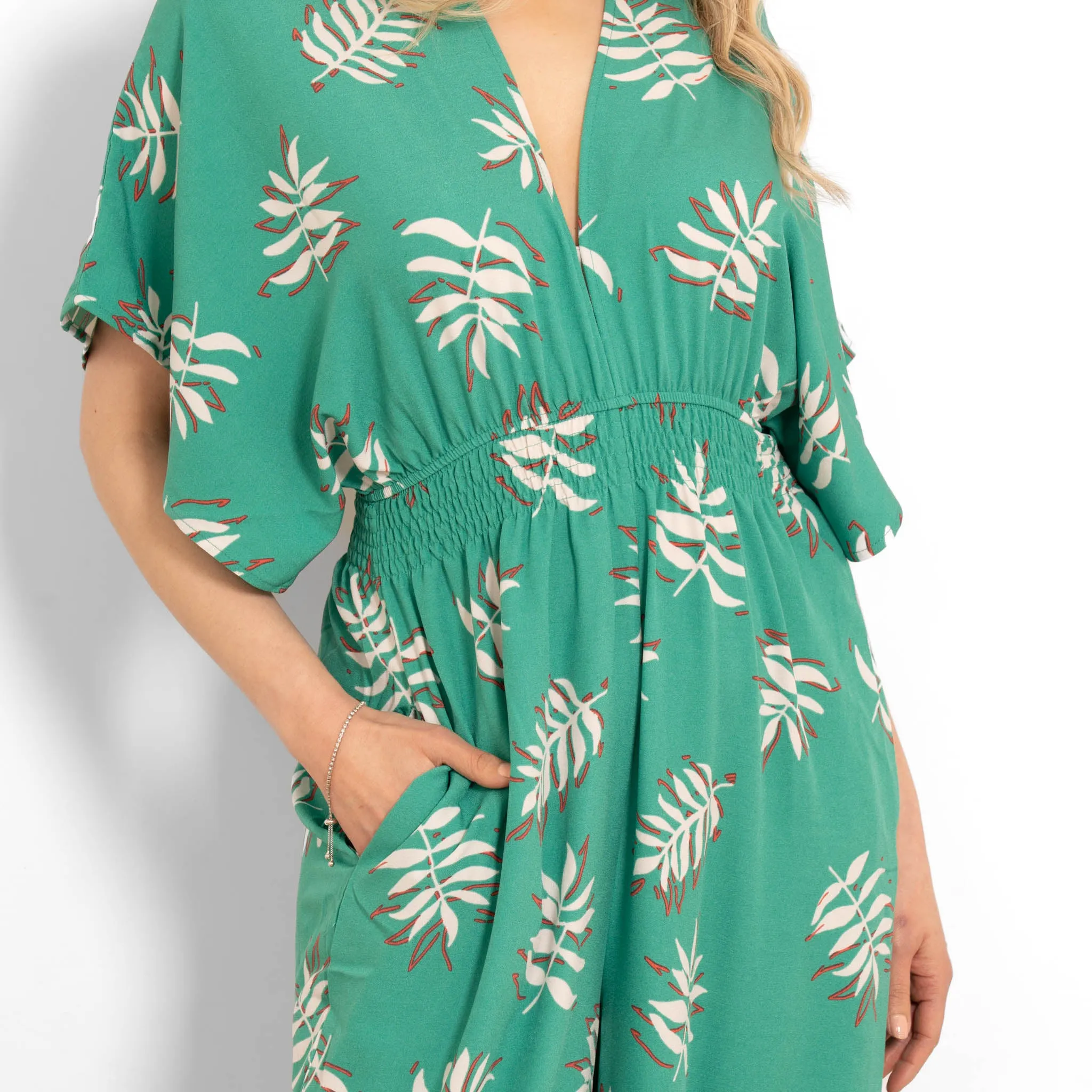 Jilly Deep V Jumpsuit - Green, Palm Leaf