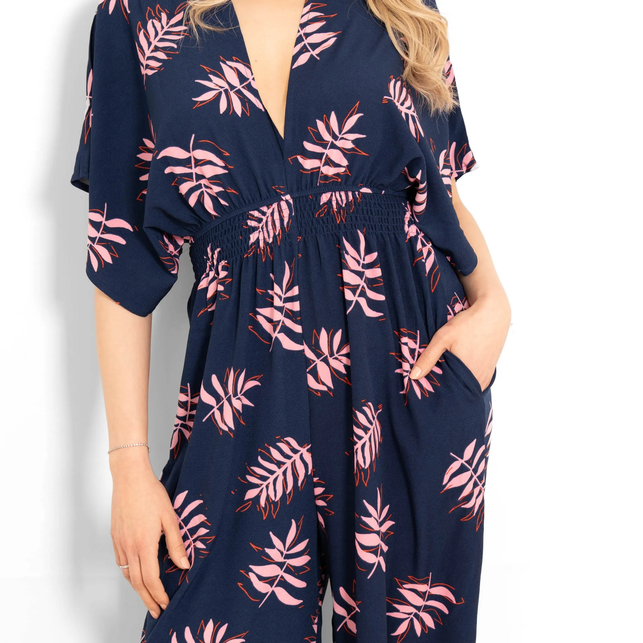 Jilly Deep V Jumpsuit - Navy Blue/Pink, Palm Leaf
