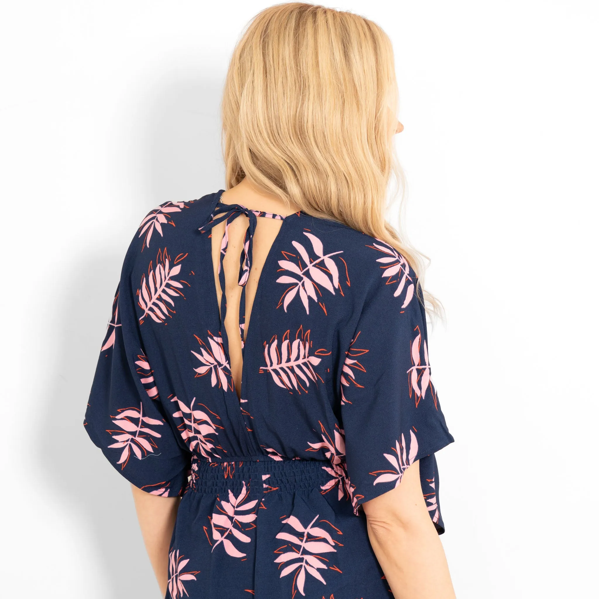 Jilly Deep V Jumpsuit - Navy Blue/Pink, Palm Leaf
