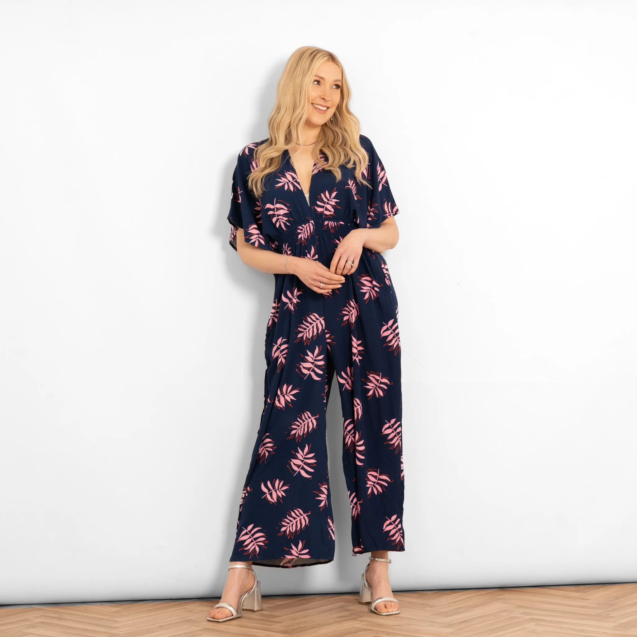 Jilly Deep V Jumpsuit - Navy Blue/Pink, Palm Leaf