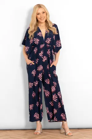 Jilly Deep V Jumpsuit - Navy Blue/Pink, Palm Leaf