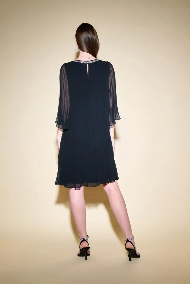 Joseph Ribkoff Black Embellished Pleated Chiffon Trapeze Dress 234700