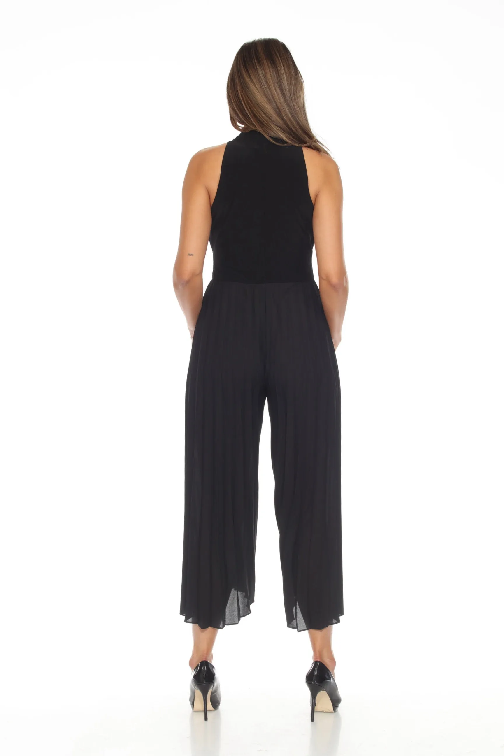 Joseph Ribkoff Black V-Neck Sleeveless Pleated Wide-Leg Jumpsuit 243716