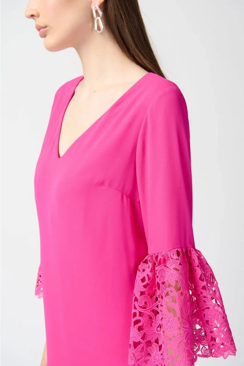 Joseph Ribkoff Georgette V-Neck 3/4 Guipure Lace Sleeves Trapeze Dress 241252