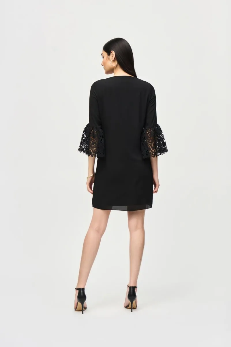 Joseph Ribkoff Georgette V-Neck 3/4 Guipure Lace Sleeves Trapeze Dress 241252