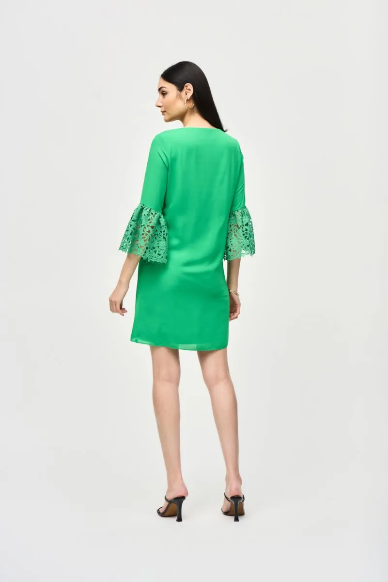 Joseph Ribkoff Georgette V-Neck 3/4 Guipure Lace Sleeves Trapeze Dress 241252
