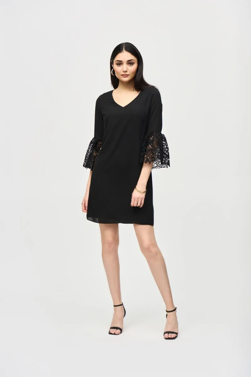 Joseph Ribkoff Georgette V-Neck 3/4 Guipure Lace Sleeves Trapeze Dress 241252
