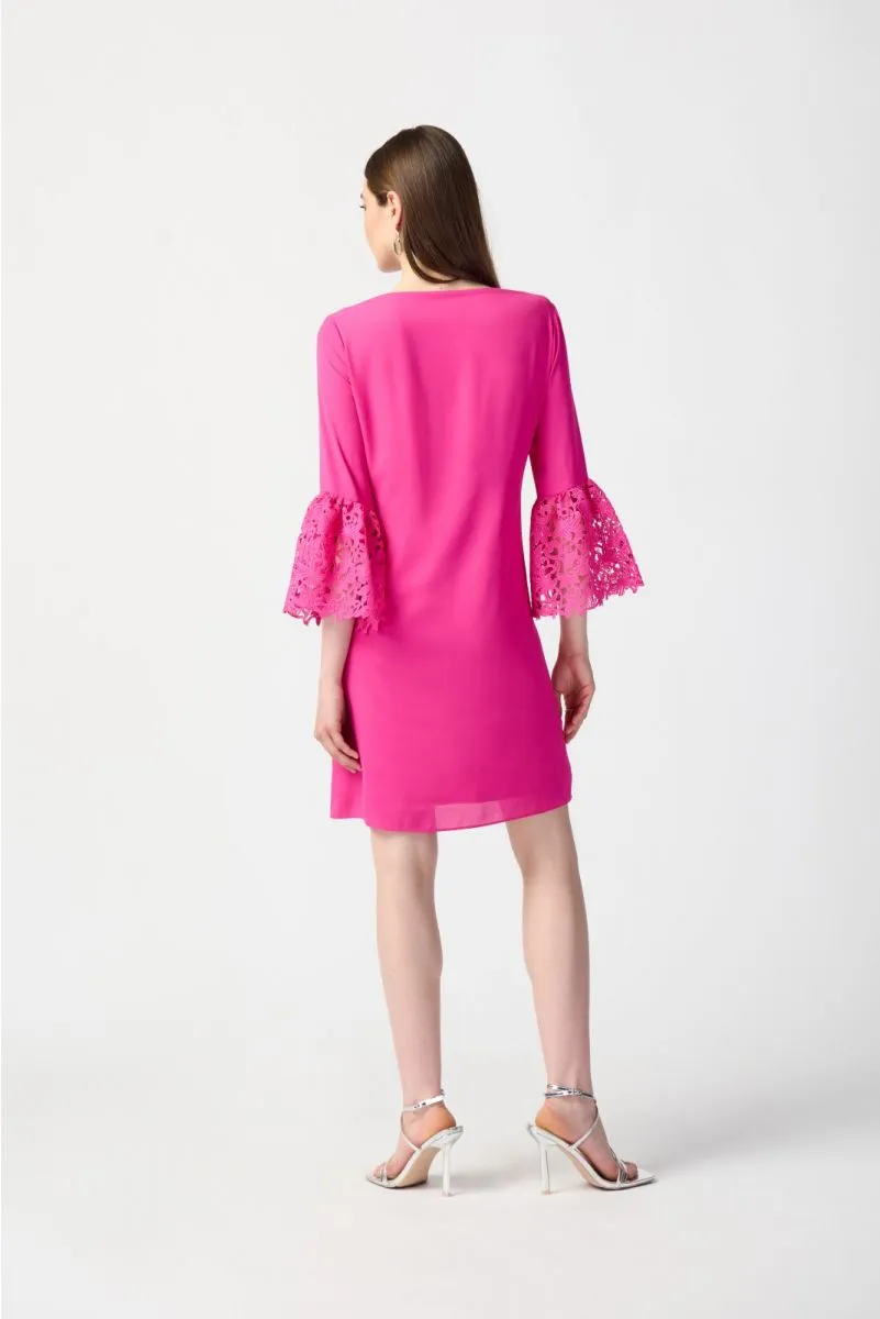 Joseph Ribkoff Georgette V-Neck 3/4 Guipure Lace Sleeves Trapeze Dress 241252