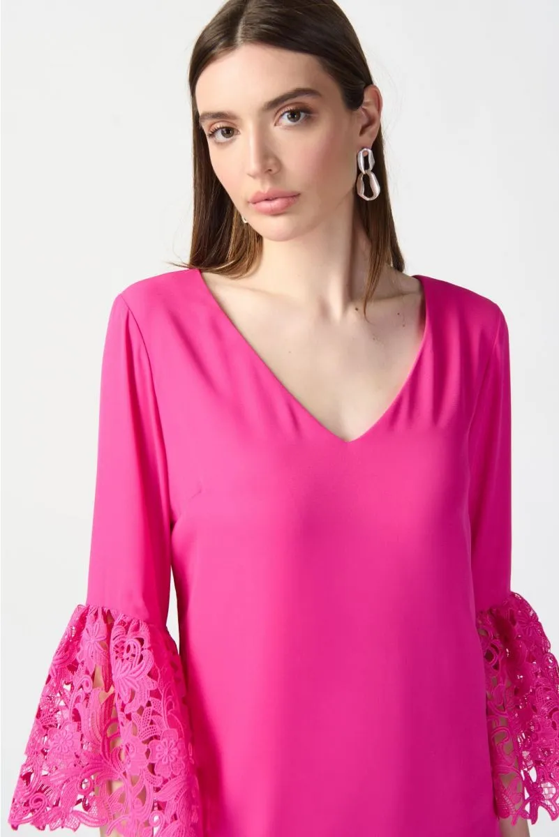 Joseph Ribkoff Georgette V-Neck 3/4 Guipure Lace Sleeves Trapeze Dress 241252