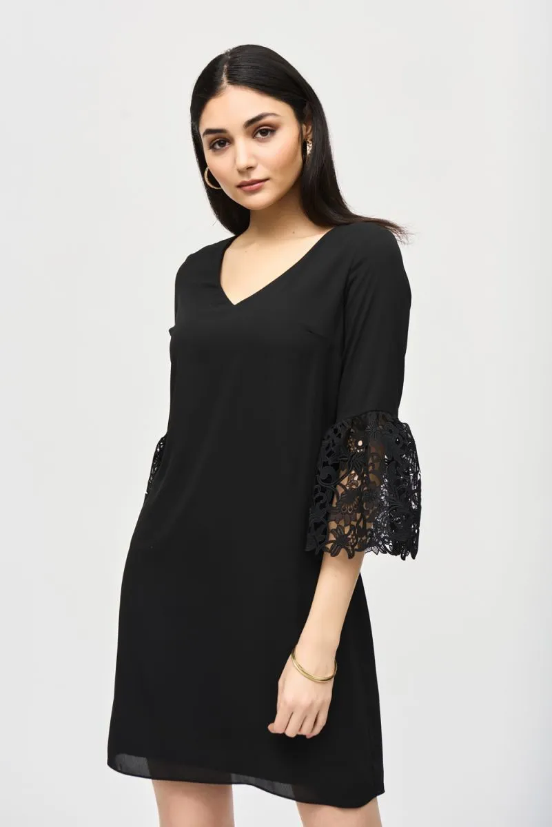Joseph Ribkoff Georgette V-Neck 3/4 Guipure Lace Sleeves Trapeze Dress 241252