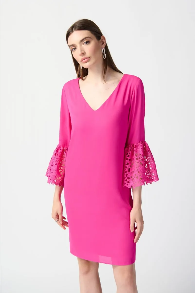 Joseph Ribkoff Georgette V-Neck 3/4 Guipure Lace Sleeves Trapeze Dress 241252