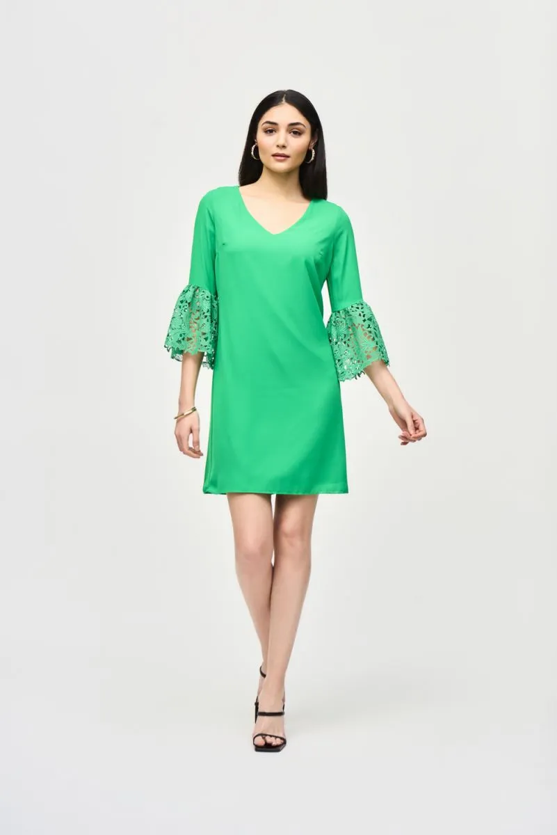 Joseph Ribkoff Georgette V-Neck 3/4 Guipure Lace Sleeves Trapeze Dress 241252